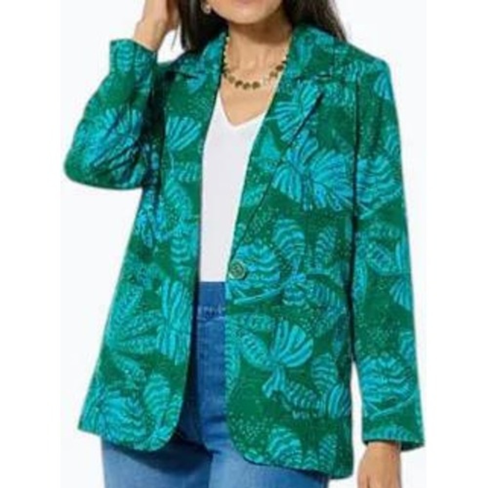 Colleen Lopez Blazer Women Large Green Tropical Leaf Eyelet Embroidered Pocket